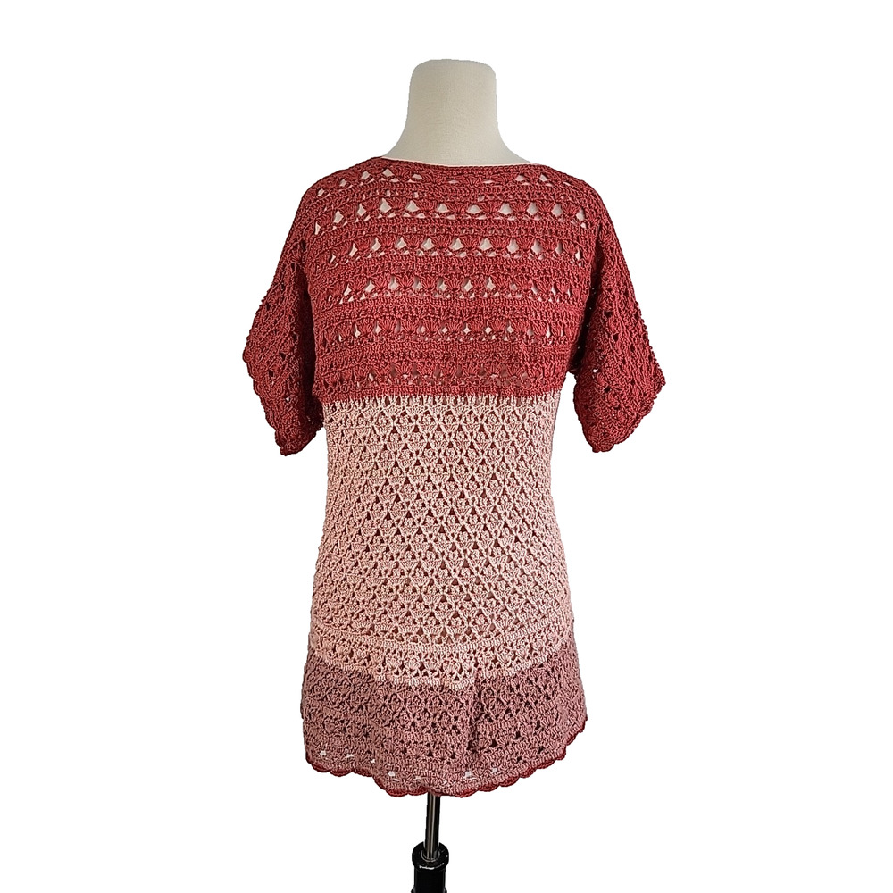 Open Knit Crochet Sweater Womens Medium Mauve Colorblock Cottagecore
